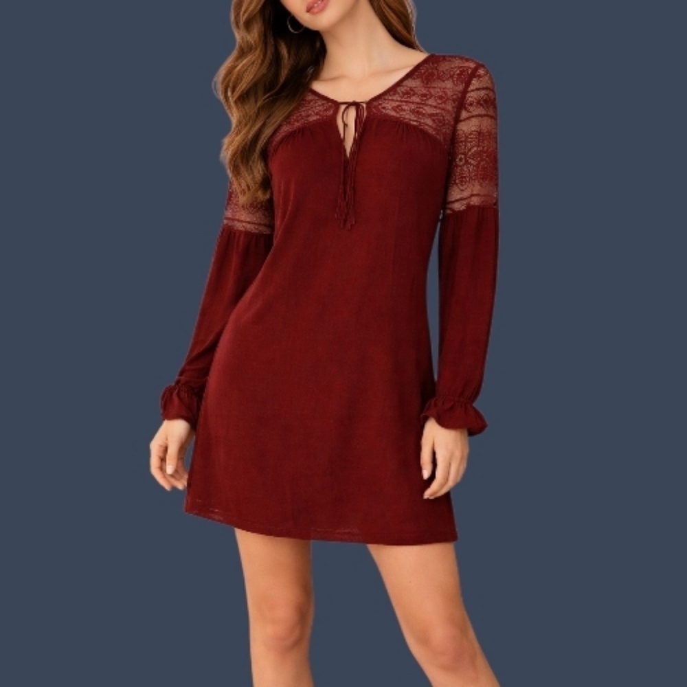 LUMIERE Maroon Lace Yoke Split Neck Poet Mini Micro Dress
